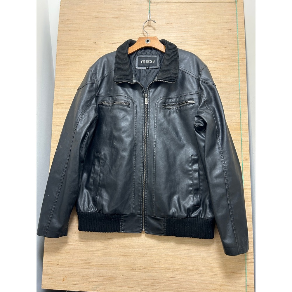 Guess Mens Faux Leather Bomber Jacket Black Quilted Lined Zip Front XL